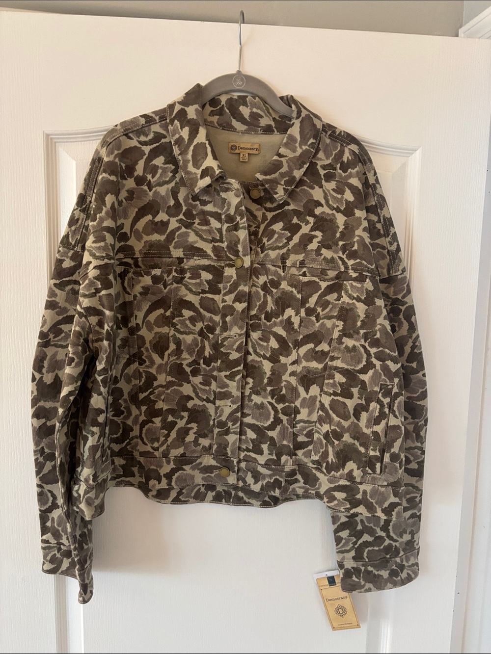 NWT Democracy Green/Beige/Brown Camo Inspired Jean Jacket SZ XL